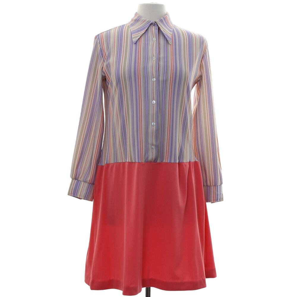 Vintage 70s Stripe Shirtwaist Mini Dress Peach Lavender Mod Polyester Women's M
